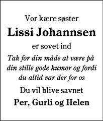 Dødsannoncen for Lissi Johannsen - Aabenraa