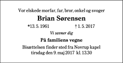 Dødsannoncen for Brian Sørensen - Esbjerg
