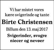 Dødsannoncen for Birte Christensen - Billum