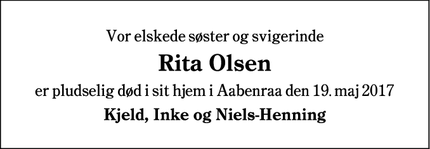 Dødsannoncen for Rita Olsen - Aabenraa 