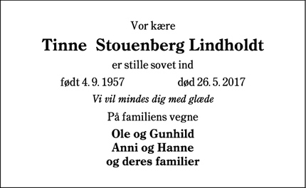 Dødsannoncen for Tinne  Stouenberg Lindholdt - Aarhus