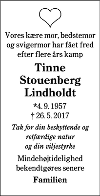 Dødsannoncen for Tinne Stouenberg Lindholdt - Ribe og Århus