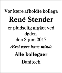 Dødsannoncen for René Stender - Hammelev