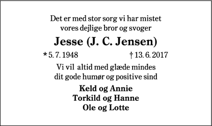 Dødsannoncen for Jesse (J. C. Jensen) - Esbjerg