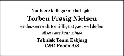 Dødsannoncen for Torben Frøsig Nielsen - Esbjerg