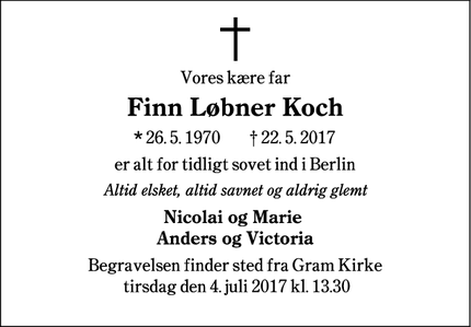 Dødsannoncen for Finn Løbner Koch - Berlin 
