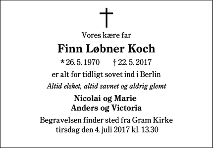 Dødsannoncen for Finn Løbner Koch - Berlin 