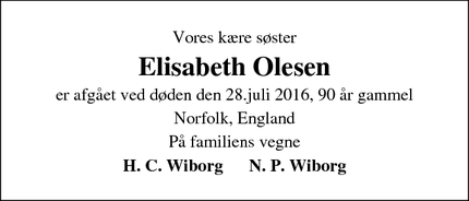 Dødsannoncen for Elisabeth Olesen - Norfolk, England