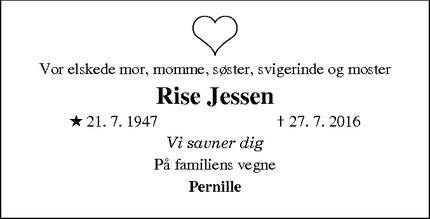 Dødsannoncen for Rise Jessen - Esbjerg