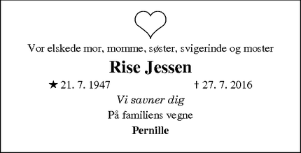 Dødsannoncen for Rise Jessen - Esbjerg