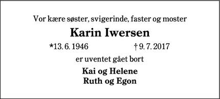Dødsannoncen for Karin Iwersen - Løjt Kirkeby 6200 Aabenraa