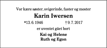 Dødsannoncen for Karin Iwersen - Løjt Kirkeby 6200 Aabenraa