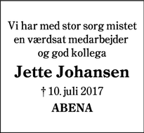 Dødsannoncen for Jette Johansen - Hjordkær