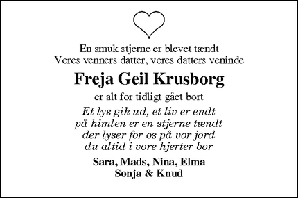 Dødsannoncen for Freja Geil Krusborg - Føvling