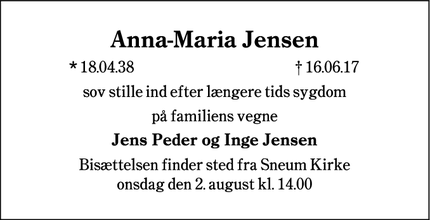 Dødsannoncen for Anna-Maria Jensen - Allerup, 6731 Tjæreborg