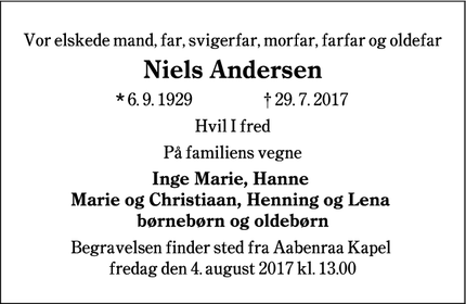 Dødsannoncen for Niels Andersen - Aarhus