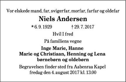 Dødsannoncen for Niels Andersen - Aarhus