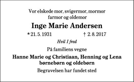 Dødsannoncen for Inge Marie Andersen - Aarhus N