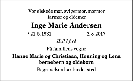 Dødsannoncen for Inge Marie Andersen - Aarhus N