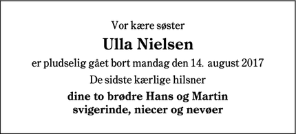Dødsannoncen for  Ulla Nielsen - Hjerting