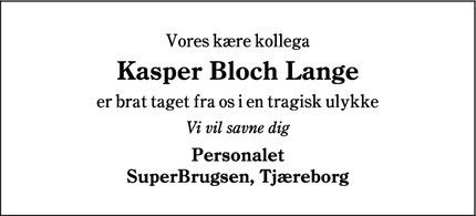 Dødsannoncen for Kasper Bloch Lange - Tjæreborg