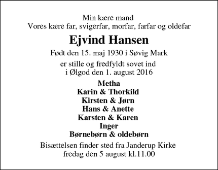 Dødsannoncen for Ejvind Hansen - Kærup