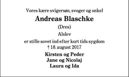 Dødsannoncen for Andreas Blaschke - Alslev