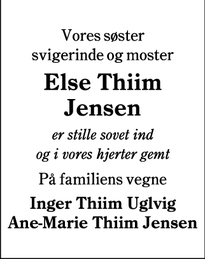 Dødsannoncen for Else Thiim Jensen - Esbjerg