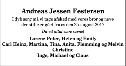 Dødsannoncen for Andreas Jessen Festersen - Bolderslev