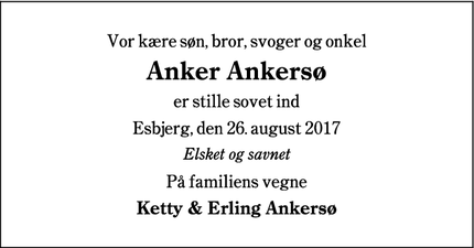 Dødsannoncen for Anker Ankersø - Esbjerg