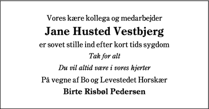 Dødsannoncen for Jane Husted Vestbjerg - Rødding
