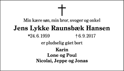 Dødsannoncen for Jens Lykke Raunsbæk Hansen - Esbjerg