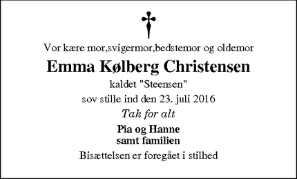 Dødsannoncen for Emma Kølberg Christensen - Augustenborg