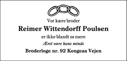 Dødsannoncen for Reimer Wittendorff Poulsen - Brørup, Danmark
