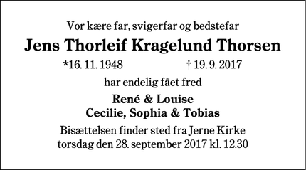 Dødsannoncen for Jens Thorleif Kragelund Thorsen - Esbjerg, Danmark