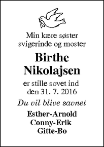 Dødsannoncen for Birthe Nikolajsen  - Grindsted