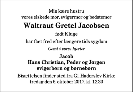 Dødsannoncen for Waltraut Gretel Jacobsen - Haderslev