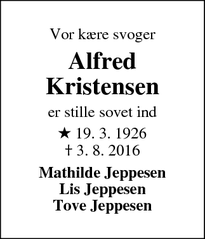Dødsannoncen for Alfred Kristensen - Frederiksberg