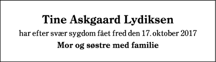 Dødsannoncen for Tine Askgaard Lydiksen - Gråsten