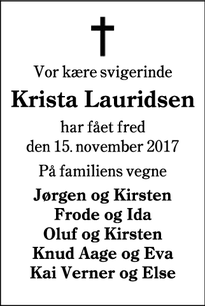 Dødsannoncen for Krista Lauridsen - Bramdrupdam