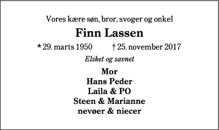 Dødsannoncen for Finn Lassen - Ribe