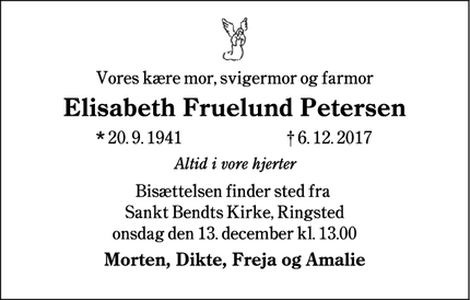 Dødsannoncen for Elisabeth Fruelund Petersen - Ringsted