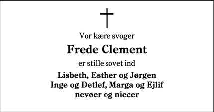 Dødsannoncen for Frede Clement - Nybøl