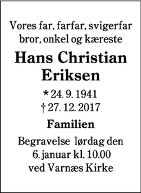 Dødsannoncen for Hans Christian Eriksen - Aabenraa