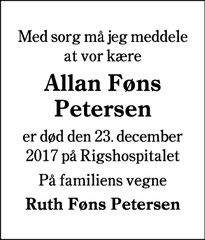 Dødsannoncen for Allan Føns
Petersen - Kolding