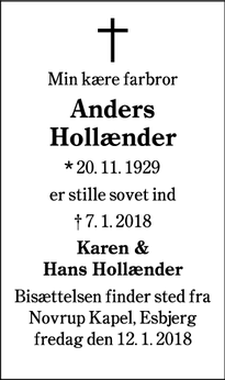 Dødsannoncen for Anders
Hollænder - Gørding