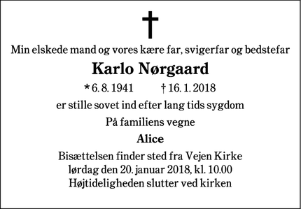 Dødsannoncen for Karlo Nørgaard - Vejen
