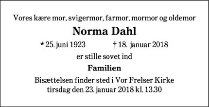 Dødsannoncen for Norma Dahl - Esbjerg