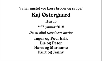 Dødsannoncen for Kaj Østergaard - Vamdrup
