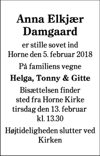 Dødsannoncen for Anna Elkjær
Damgaard - Kibæk